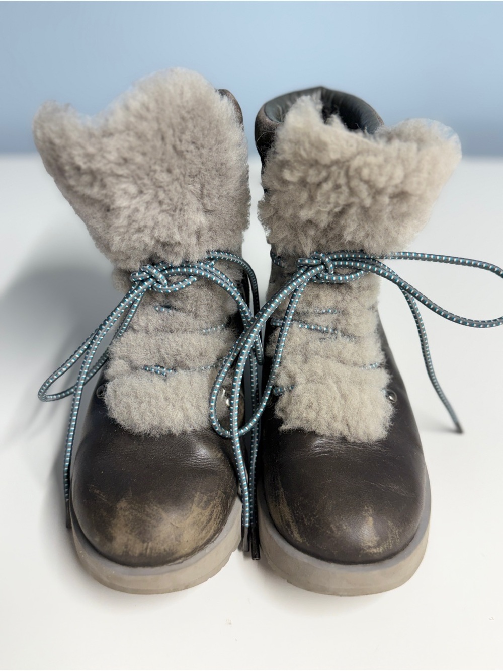 UGG Kids Brown Leather Lace-Up Boots with Cream Shearling